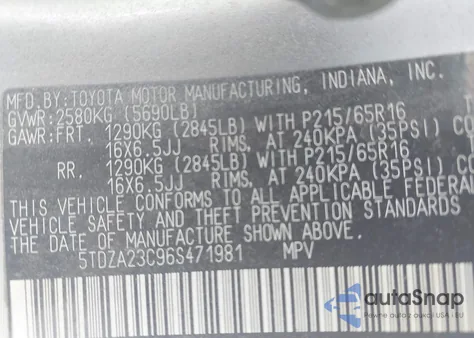 2006 Toyota Sienna Le z USA, uszkodzony, nr VIN 5TDZA23C96S471981